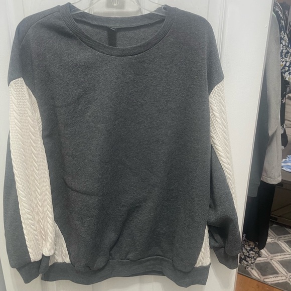 SHEIN Sweaters - SHEIN Gray and Cream Crew Neck Sweater with Textured Sleeves